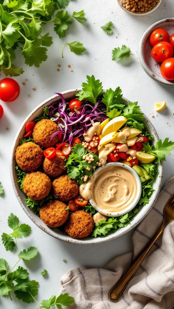 A vibrant falafel and tahini bowl with fresh vegetables and crispy falafel.