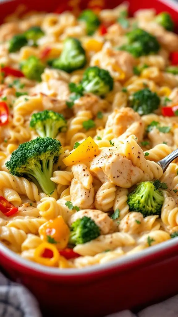 Firecracker Chicken Alfredo Bake with pasta, chicken, broccoli, and cheese