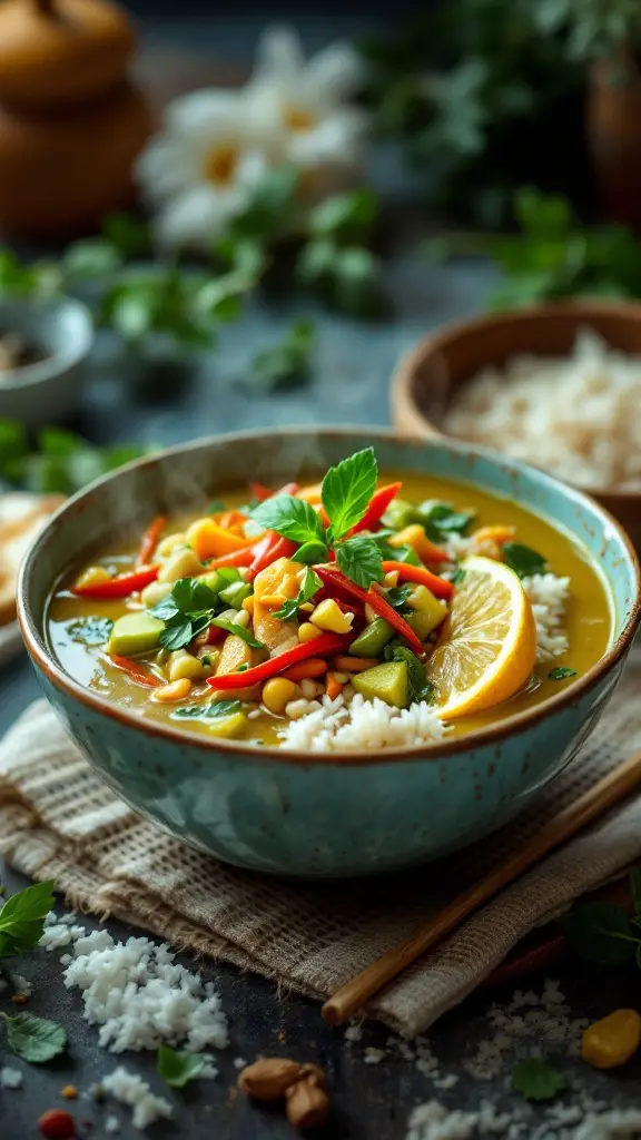 A vibrant bowl of Thai curry served with rice and garnished with fresh herbs.