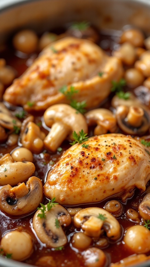 A delicious serving of Coq au Vin with chicken, mushrooms, and pearl onions cooked in red wine.