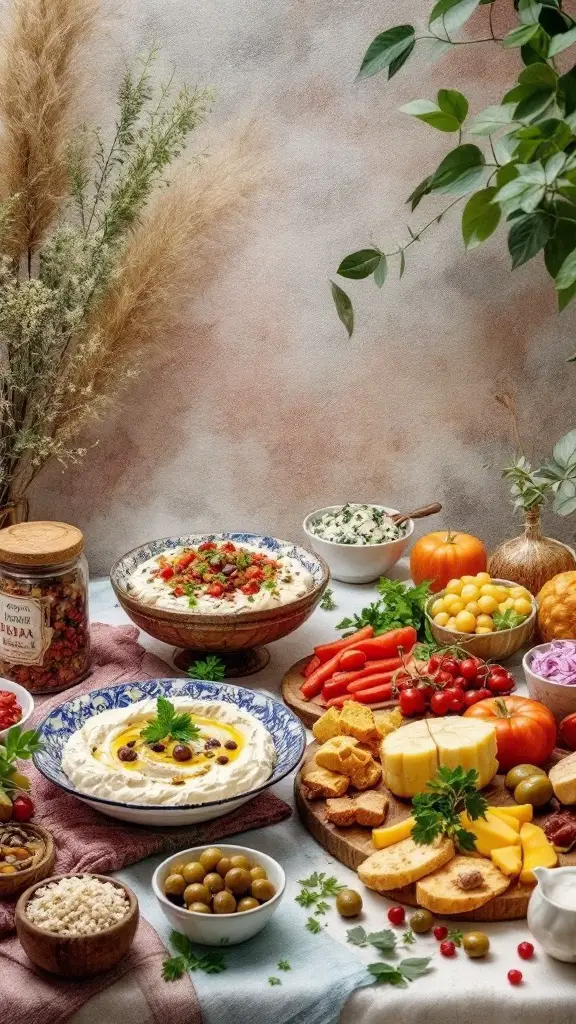 A colorful Mediterranean mezze spread featuring dips, fresh vegetables, and cheeses.