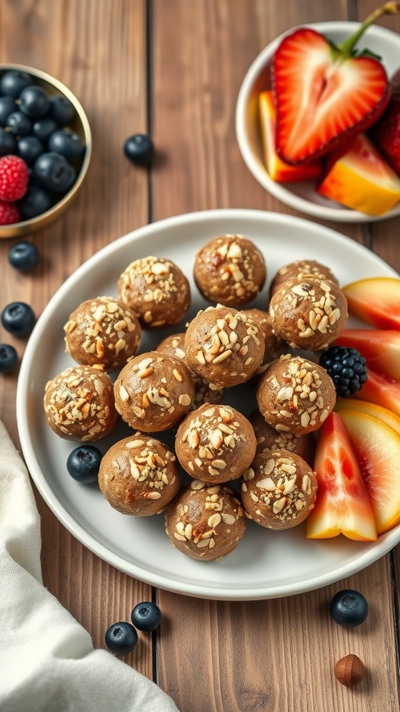 A plate of fruit and nut energy balls surrounded by fresh fruits.