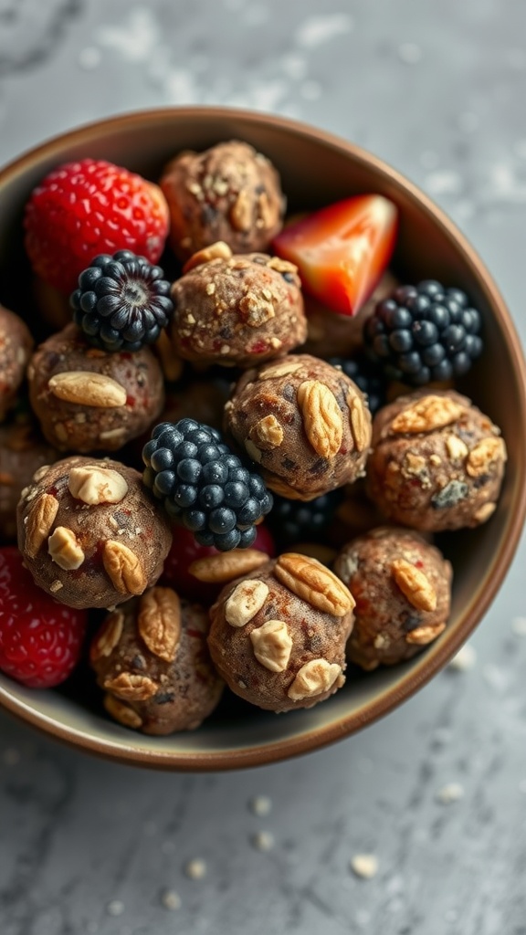 A bowl filled with fruit and nut energy bites alongside fresh strawberries and blackberries.