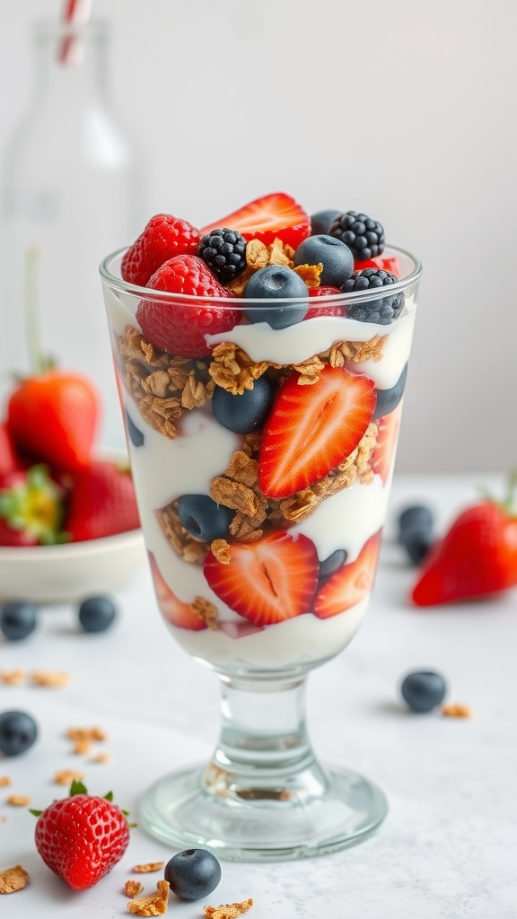 A delicious fruit and yogurt parfait with layers of yogurt, strawberries, blueberries, and granola in a clear glass.