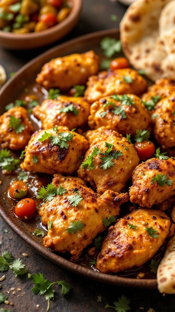 A plate of Garlic and Ginger Chicken Tikka garnished with fresh coriander, served alongside naan and colorful pickles.