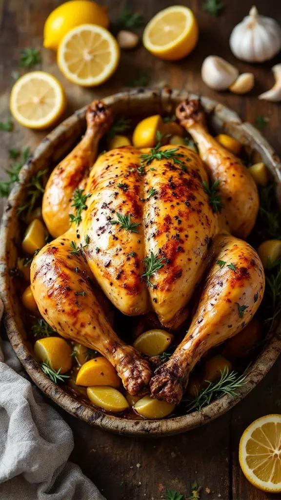 Garlic and Lemon Roasted Chicken on a platter surrounded by lemon wedges.