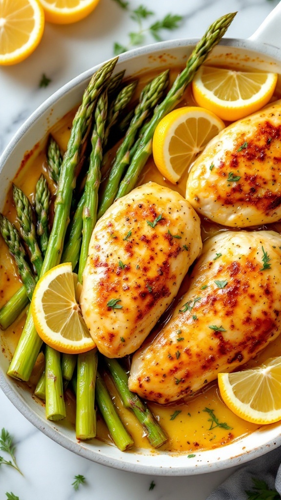 Delicious garlic butter chicken with asparagus and lemon