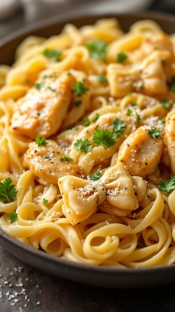 A plate of bowtie pasta with garlic butter chicken, garnished with parsley and Parmesan.