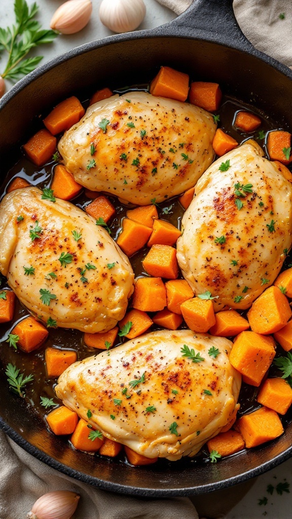 A skillet featuring chicken breasts surrounded by diced sweet potatoes, garnished with parsley.