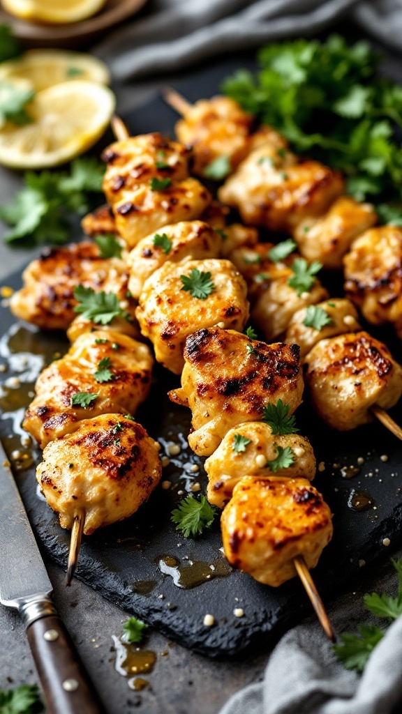 Plate of garlic butter chicken kabobs garnished with fresh herbs.