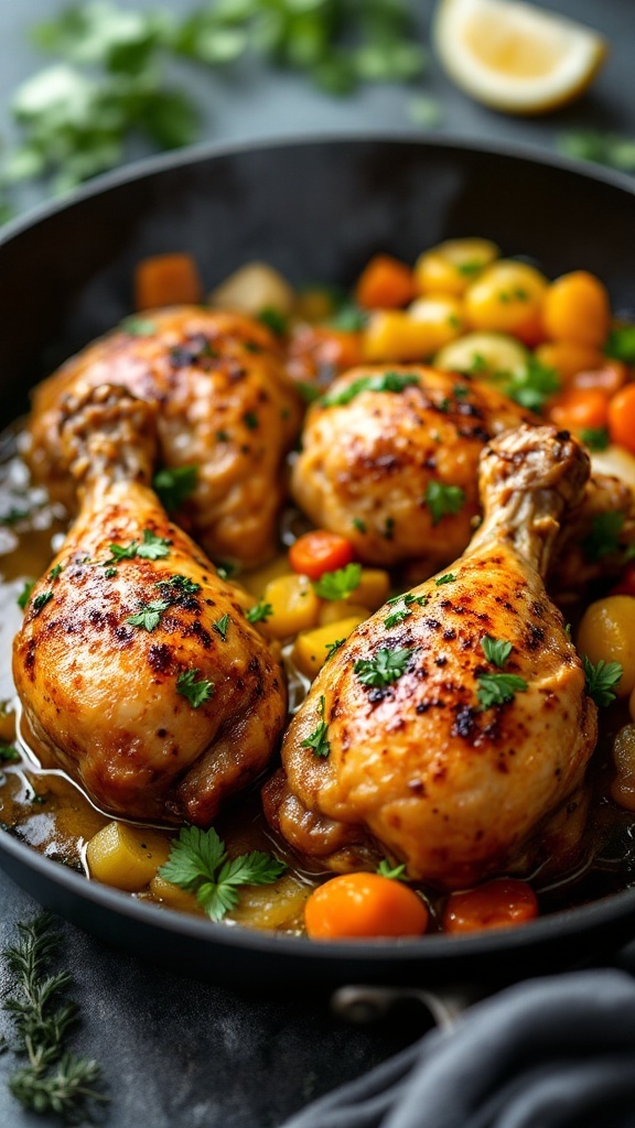 Delicious garlic butter chicken legs cooked in a skillet with colorful vegetables.