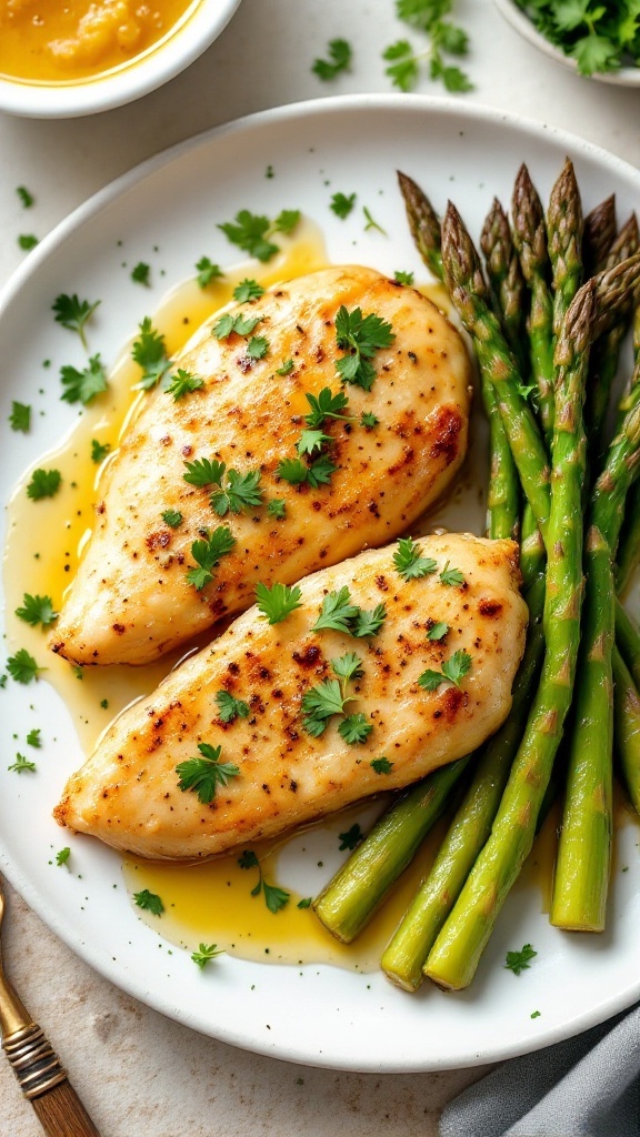 Plate of garlic butter chicken with asparagus and parsley