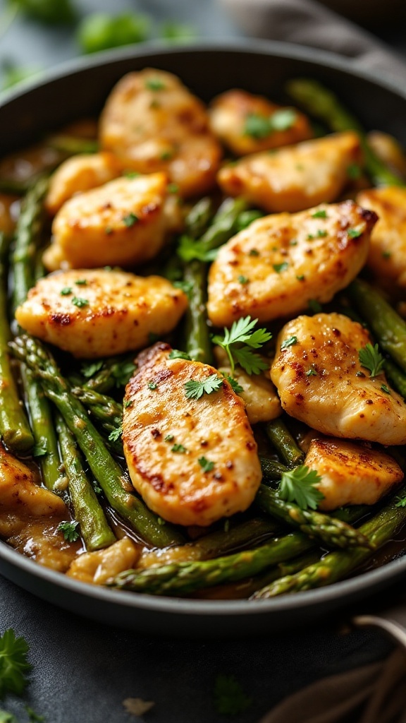 A delicious plate of garlic butter chicken with asparagus, topped with parsley.