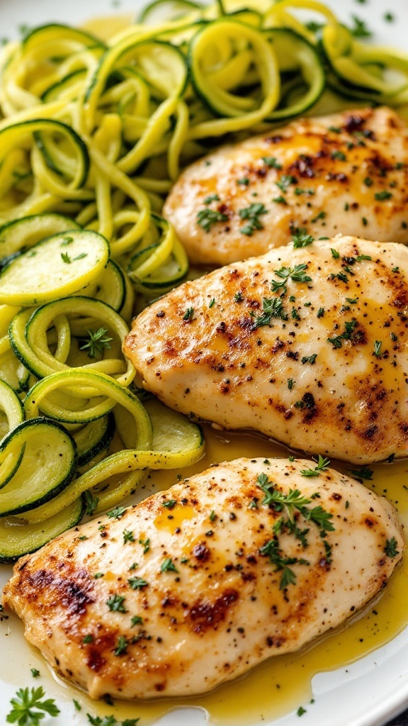 A plate of garlic butter chicken served with zucchini ribbons.