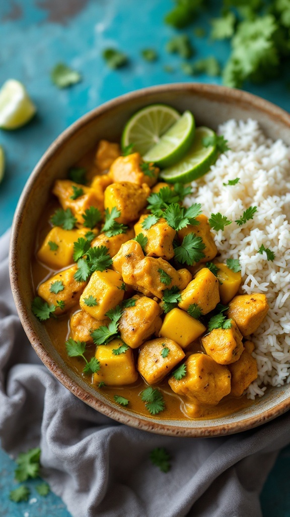 A bowl of garlic coconut curry chicken served with rice and garnished with cilantro and lime.