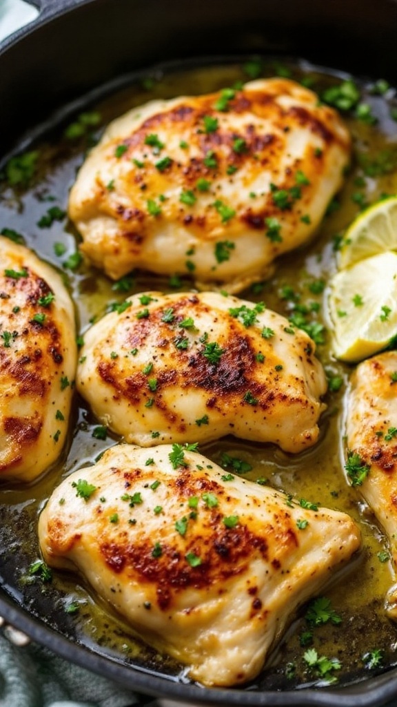 Garlic Herb Butter Chicken cooked in a skillet with herbs