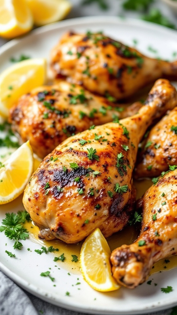 Plate of garlic herb butter chicken drumsticks garnished with parsley and lemon wedges.