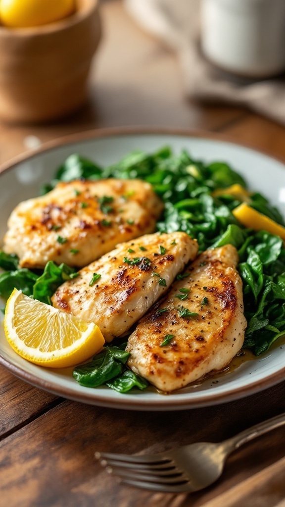 Garlic Lemon Chicken served with spinach and lemon wedges on a plate.