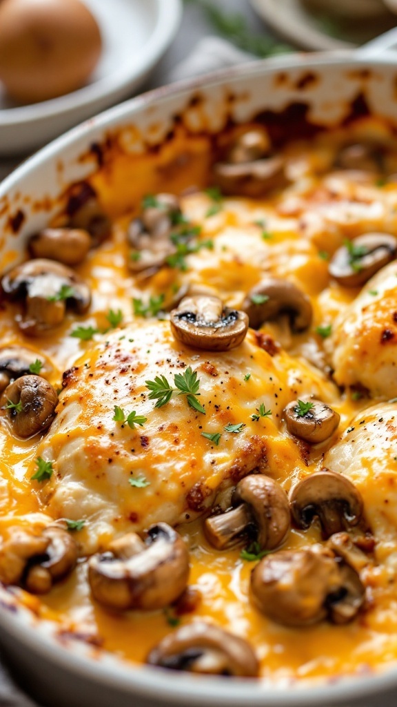 Creamy garlic mushroom chicken bake with melted cheese and herbs