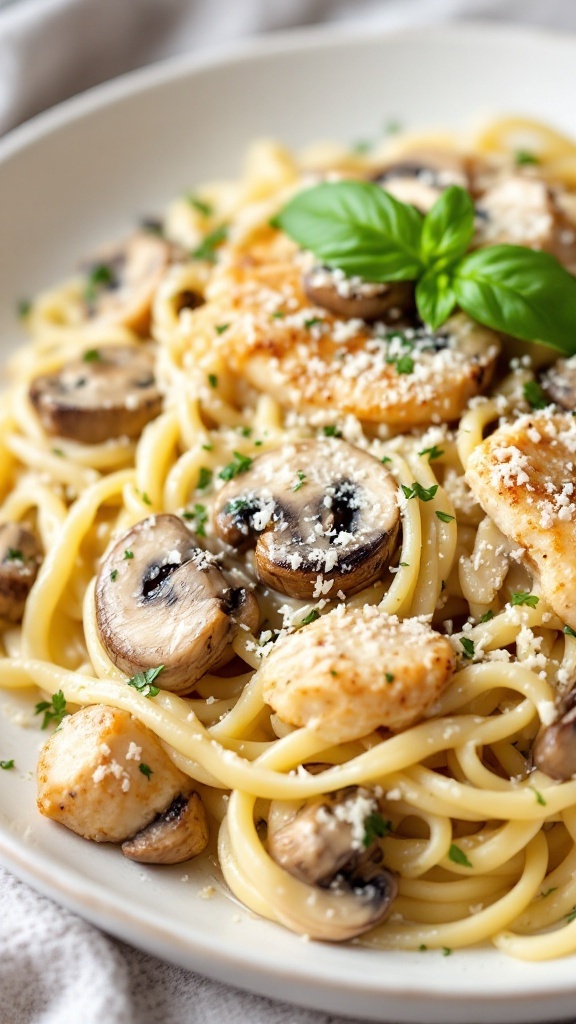 A creamy Chicken Alfredo pasta dish with mushrooms and parsley garnish.