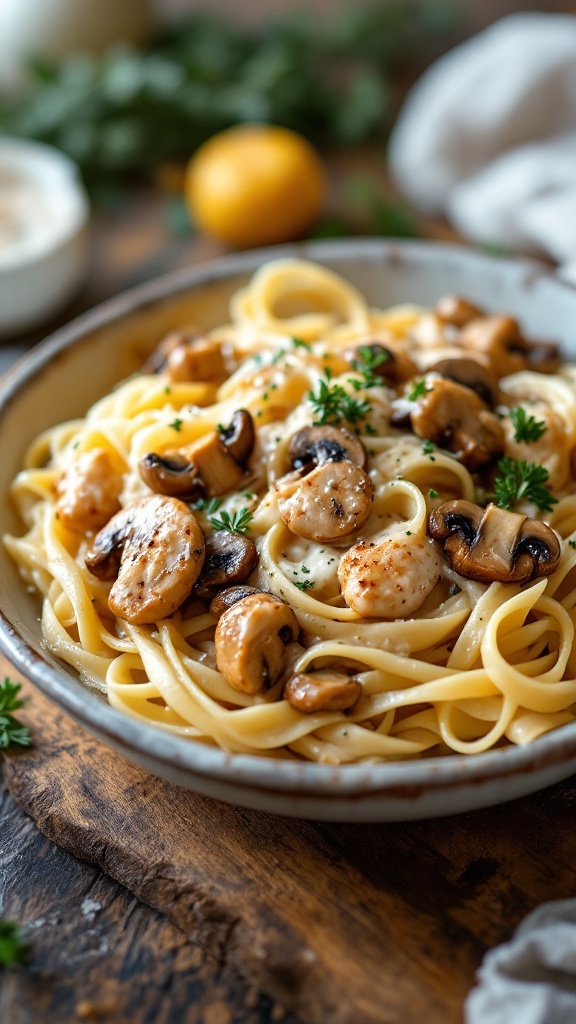 Plate of Garlic Parmesan Chicken Alfredo with fettuccine, chicken, and mushrooms.