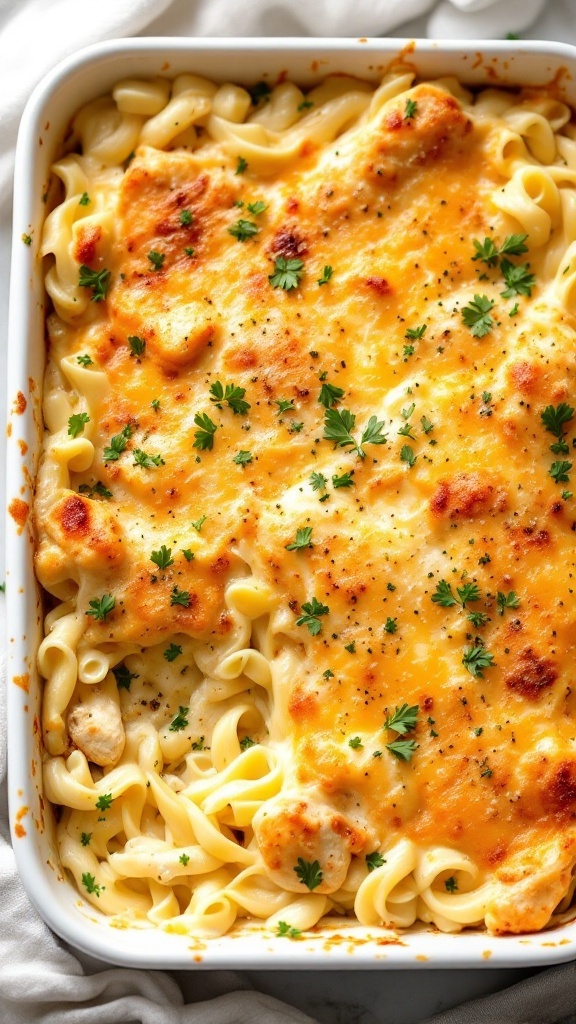 A creamy Garlic Parmesan Chicken Alfredo Bake topped with melted cheese and parsley