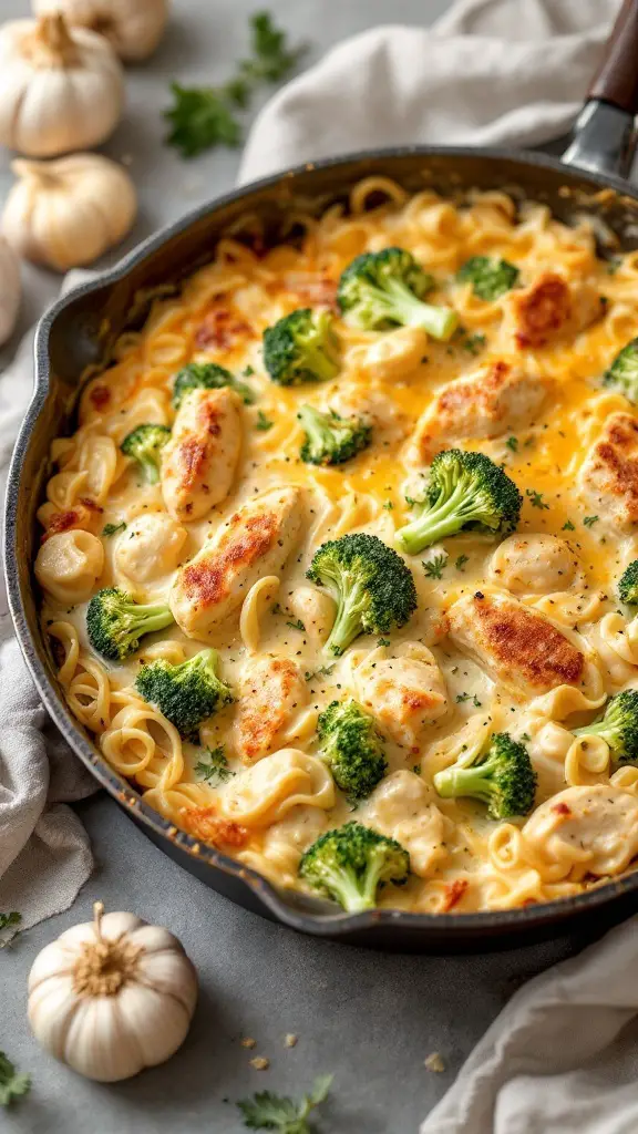 A creamy garlic parmesan chicken and broccoli bake with pasta.