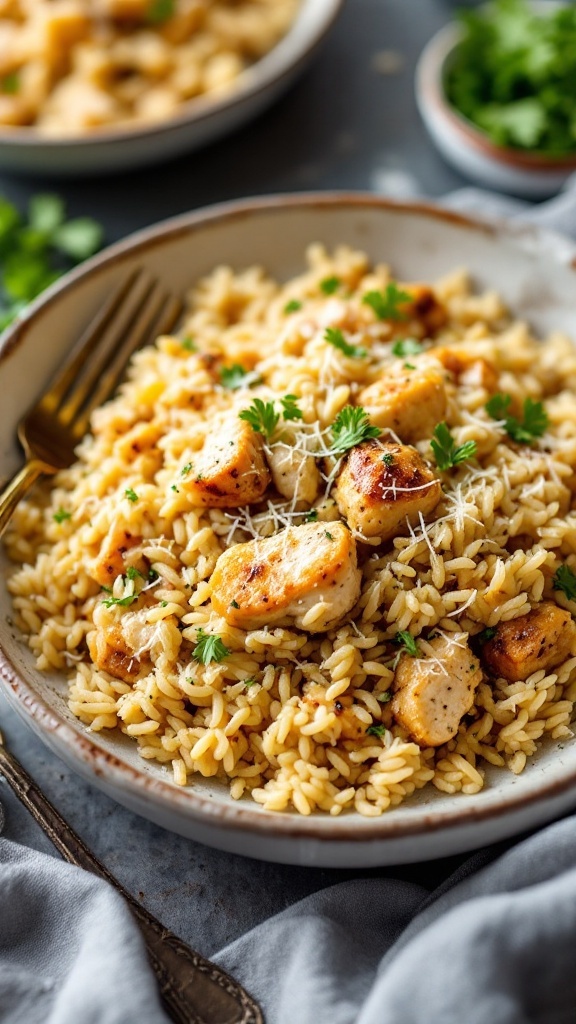 A bowl of Garlic Parmesan Chicken and Rice garnished with parsley