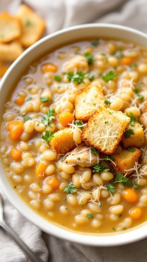 A warm bowl of Garlic Parmesan Chicken Barley Soup with croutons and parsley.