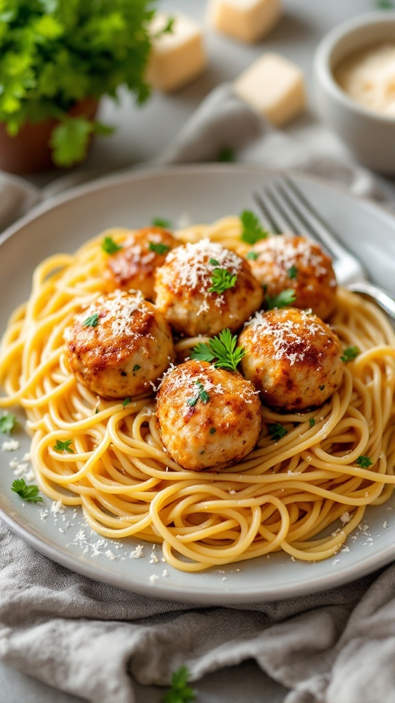 A plate of Garlic Parmesan Chicken Meatball Pasta