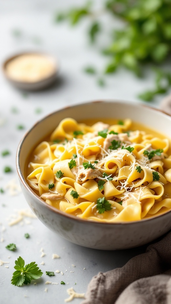 A bowl of Garlic Parmesan Chicken Noodle Soup with egg noodles and fresh parsley.