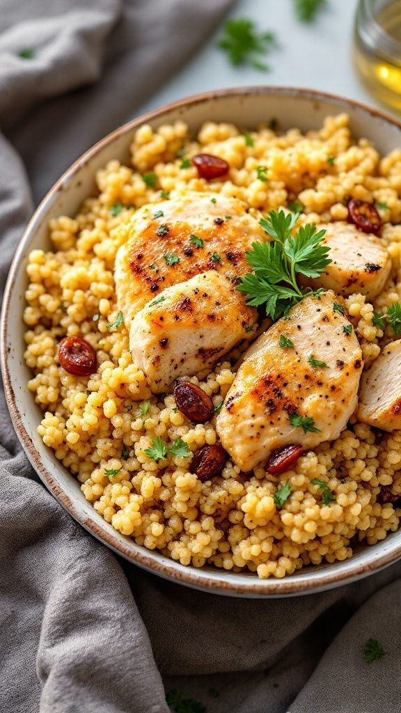 A delicious plate of garlic parmesan chicken served over a bed of quinoa.