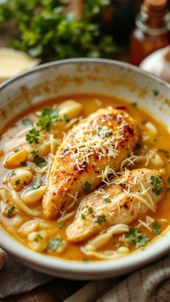 A bowl of Garlic Parmesan Chicken Soup garnished with parsley and shredded cheese.