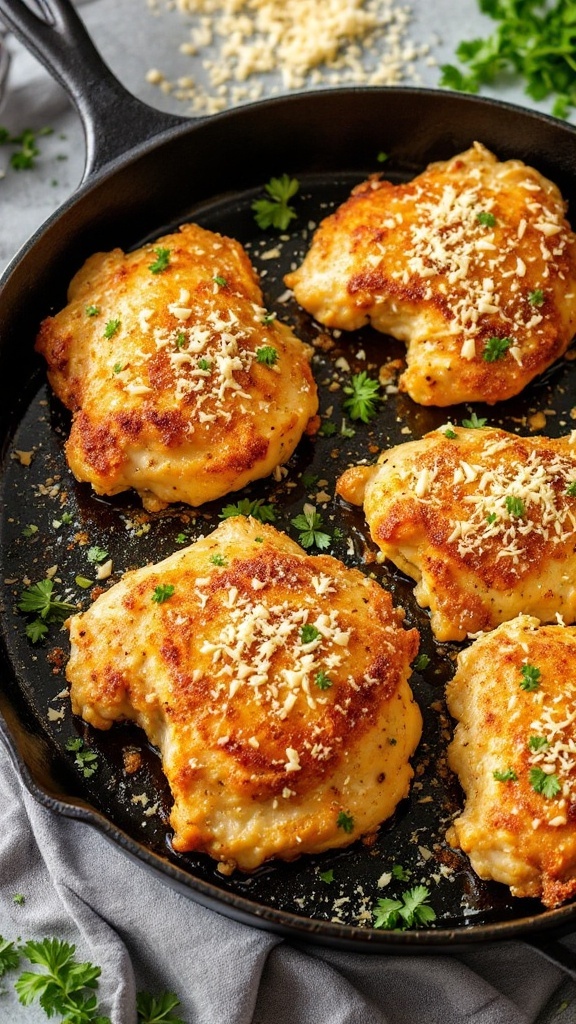 Garlic Parmesan Chicken Thighs in a skillet, garnished with parsley.