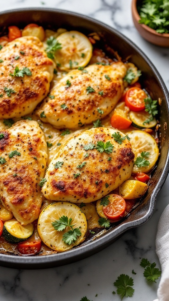 A delicious serving of garlic parmesan chicken with zucchini and cherry tomatoes, garnished with parsley.