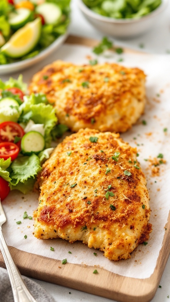 Delicious garlic parmesan crusted chicken breasts served with a fresh salad.