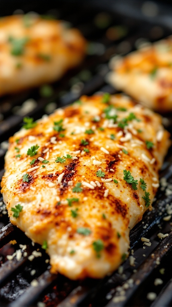 Garlic Parmesan Grilled Chicken breast garnished with parsley