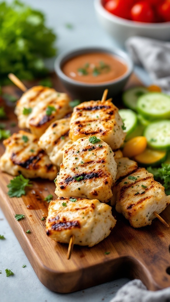 Grilled chicken skewers with garlic and Parmesan served with fresh veggies