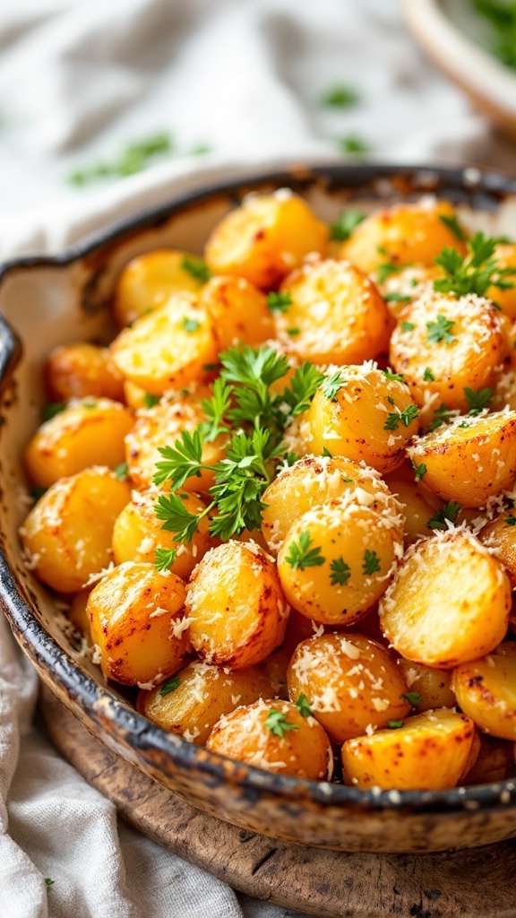 A bowl of garlic Parmesan potatoes garnished with parsley