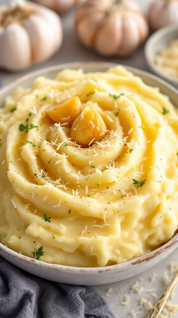 Creamy mashed potatoes with garlic and Parmesan, garnished with parsley.