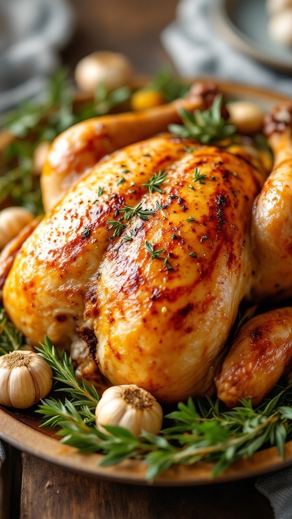 A beautifully roasted garlic rosemary chicken with herbs and garlic bulbs around it.