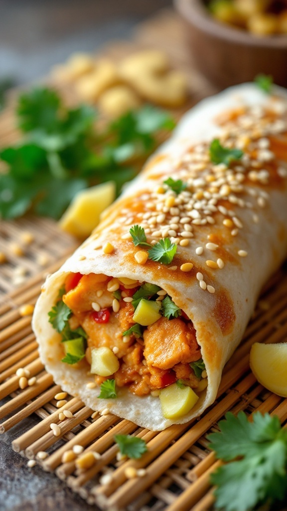 Ginger-Sesame Chicken Kathi Roll with fresh veggies and sesame seeds