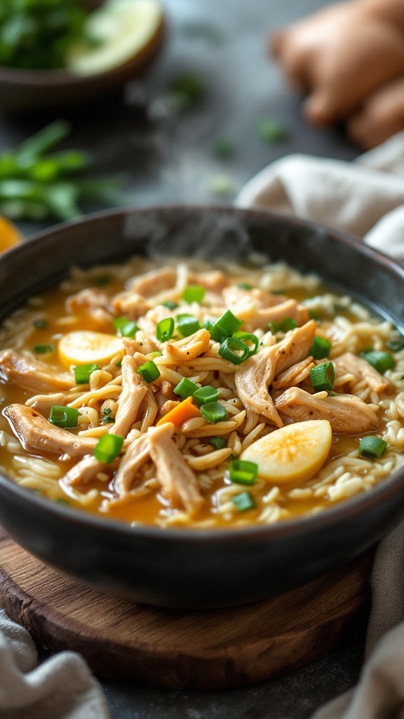 A warm bowl of ginger garlic chicken and rice soup with garnishes.