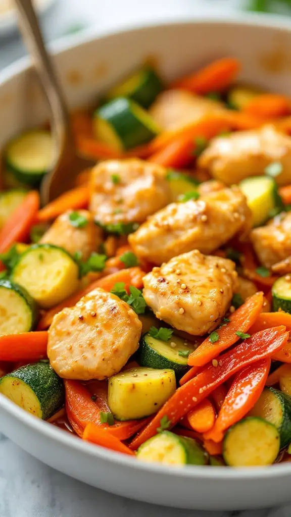 A delicious bowl of ginger sesame chicken stir-fry with zucchini and carrots