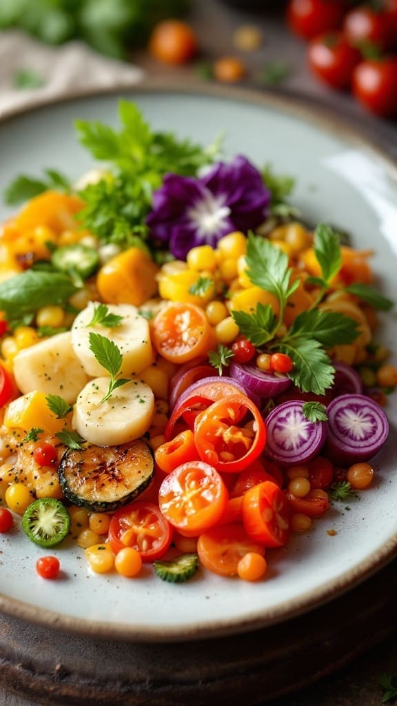 A vibrant vegetable medley salad featuring cherry tomatoes, corn, zucchini, and fresh herbs.