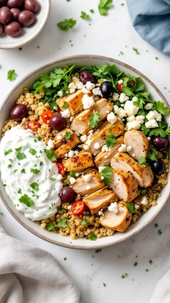 A delicious Greek chicken quinoa bowl with sliced grilled chicken, quinoa, cherry tomatoes, olives, cucumbers, feta cheese, and tzatziki sauce.