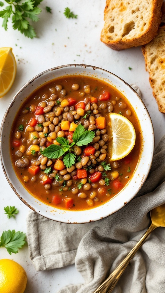 A bowl of Greek lentil soup with vegetables and lemon slices