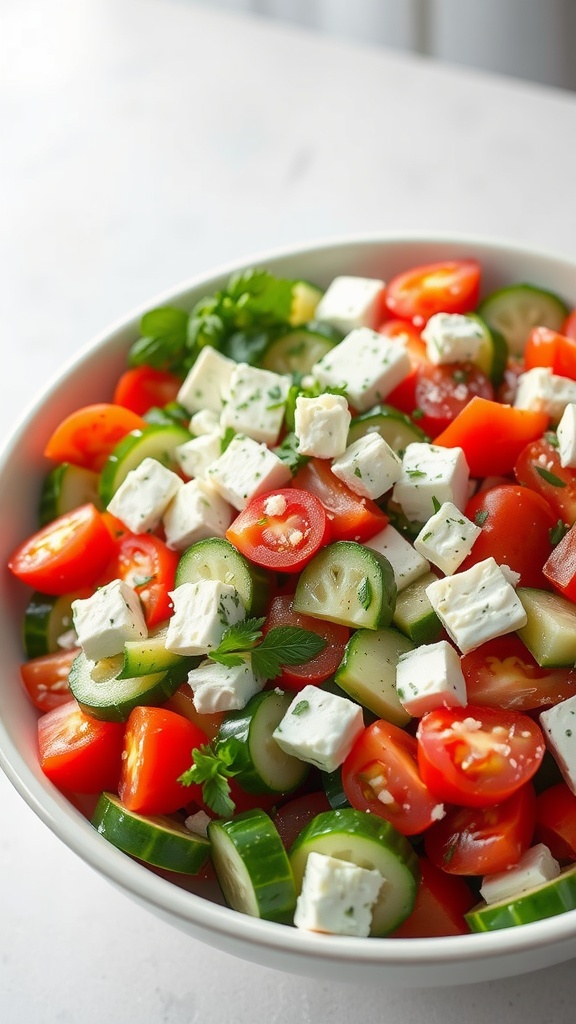 A bowl of Greek salad with cucumbers, tomatoes, feta cheese, and olives