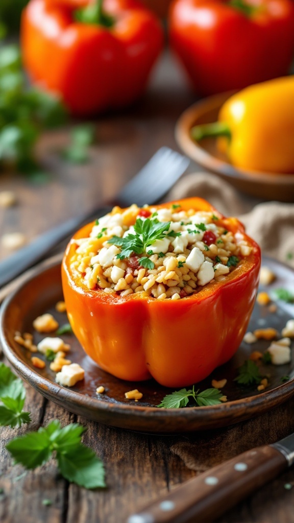 Colorful Greek style stuffed peppers filled with quinoa, tomatoes, and feta cheese.