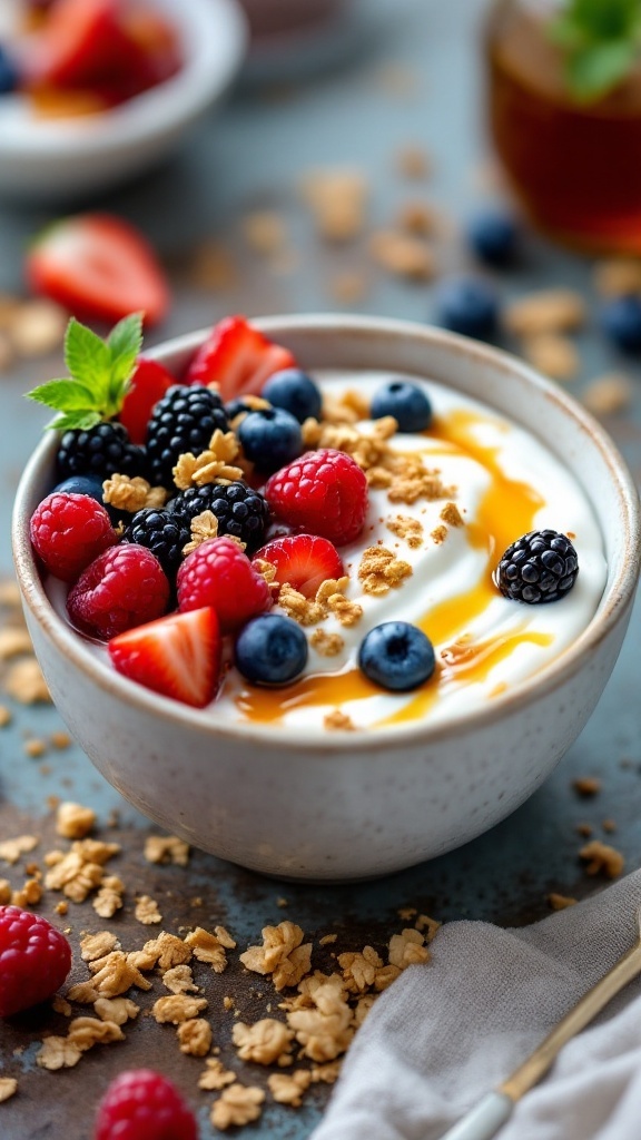 A Greek yogurt bowl topped with mixed berries and granola